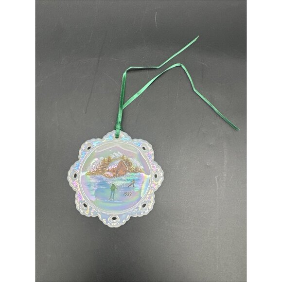 VTG Fenton Snowflake 1989 Ice Skating Barn  Water Wheel Snowy Christmas Ornament - Picture 3 of 8